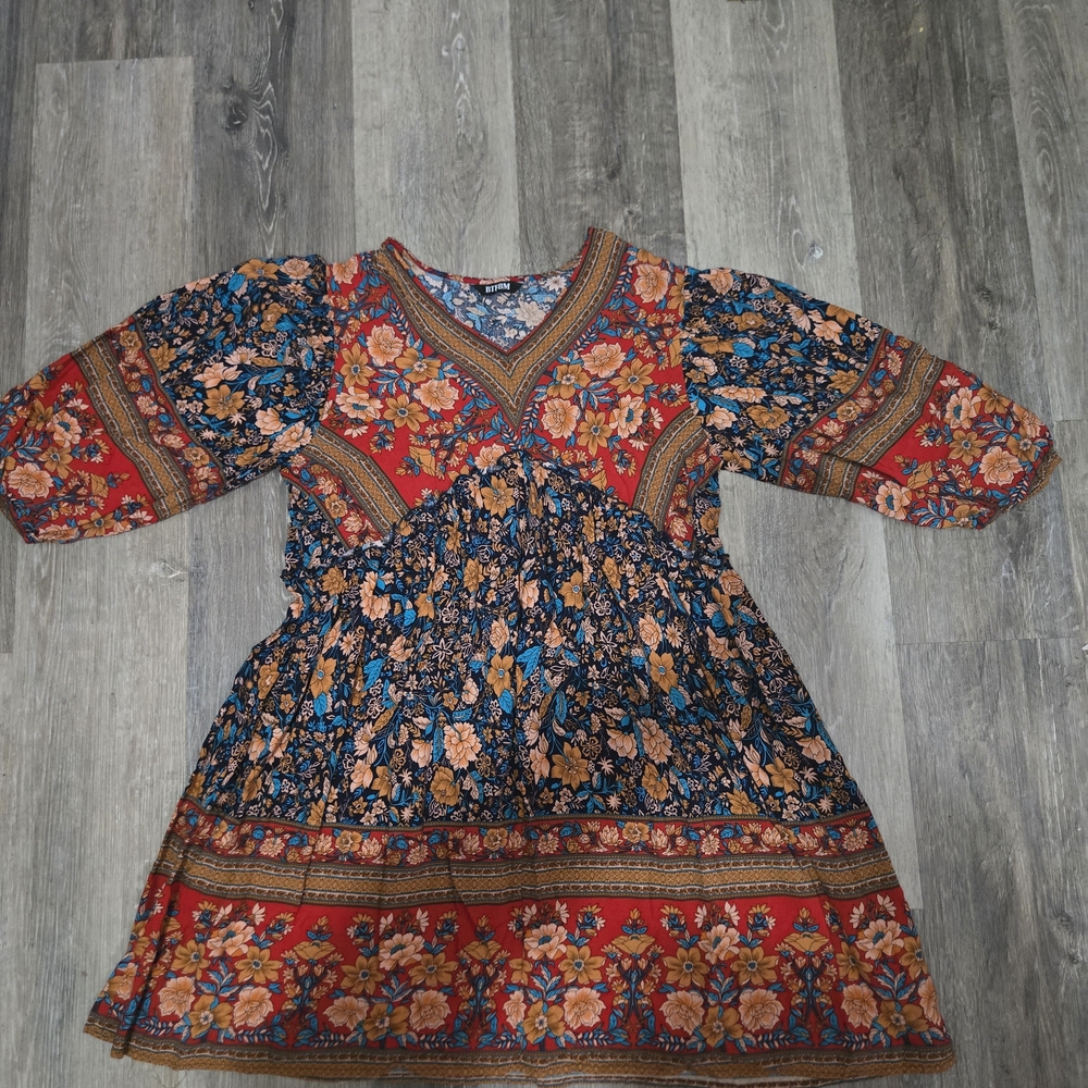 BTFBM Floral Boho Babydoll 3/4 Balloon Sleeve Women's Large Midi Dress - Picture 3 of 5
